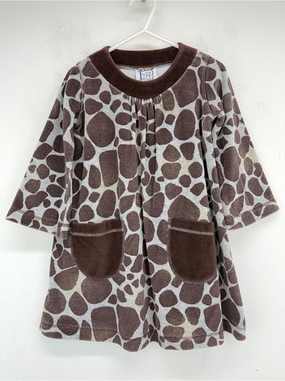 Vintage MIS-TEE-V-US size 3T Girls Brown Gray Giraffe Animal Print Velour Dress